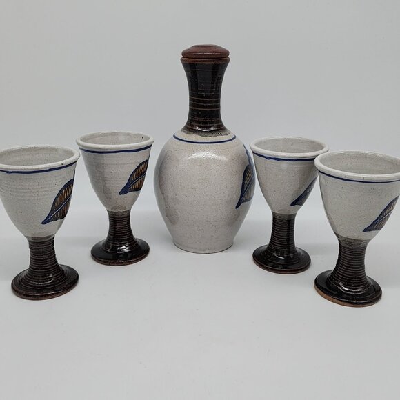 Studio Pottery Decanter and 4 Cups Blue Flowers Backstamped Fish VTG - Picture 7 of 11